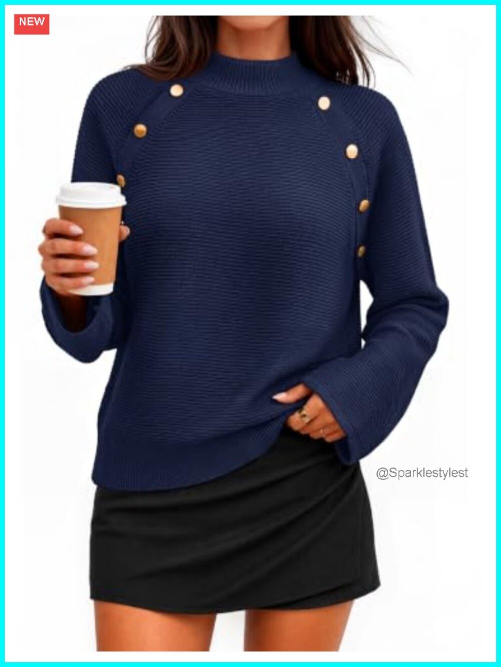 Mock Neck Ribbed Knit Pullover Sweater Gold Button Shoulder